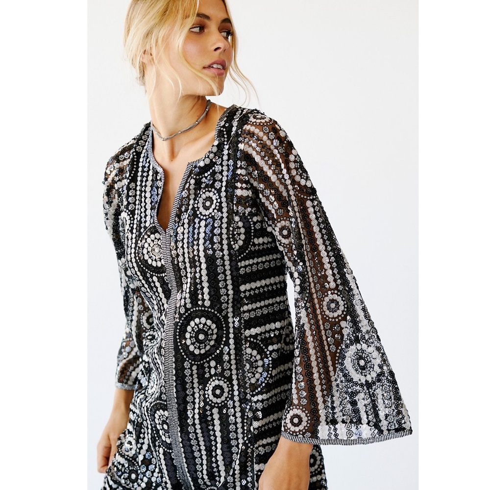 Free People Boho Black Silver Sequin Kaftan Maxi Dress NWT Anna Sui Flare P XS - Picture 2 of 3